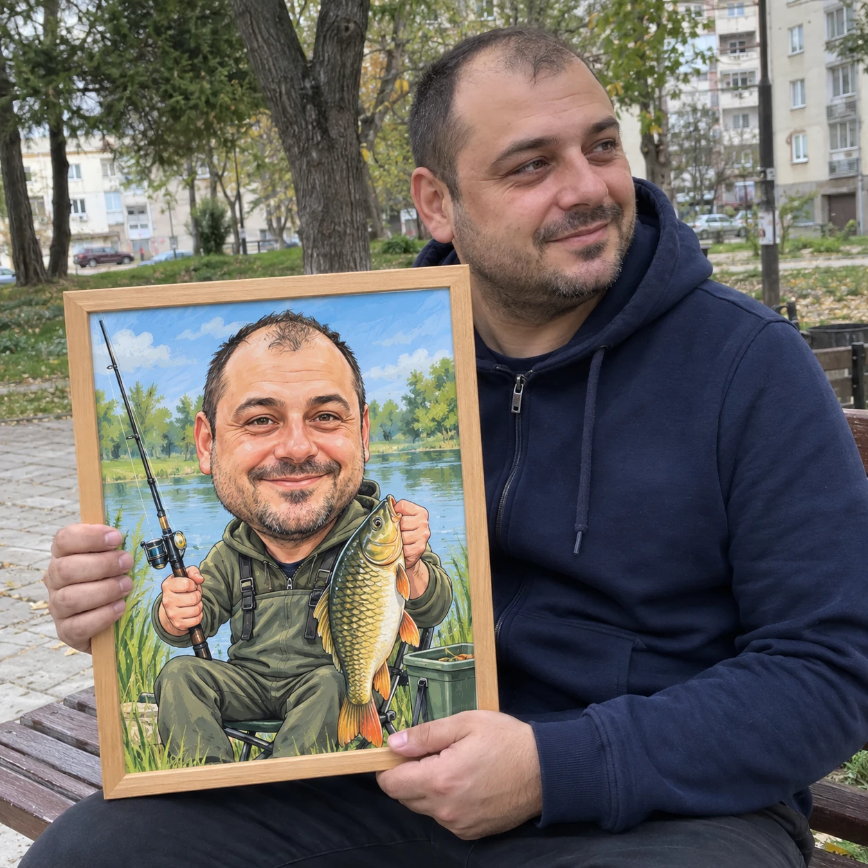 AI илюстрация: мъж в парк държи карикатура на себе си като рибар, с различни пози на лицата.
